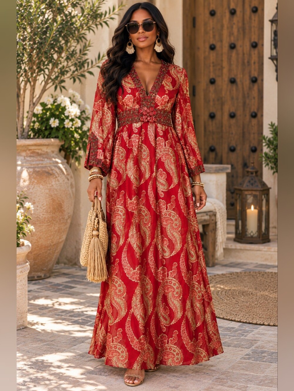 Vintage Red Gold Paisley Brocade Maxi Dress Embellished Waist Boho Formal Size M